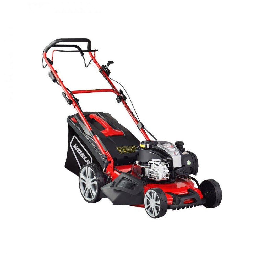 World - Self Propelled Petrol Lawnmower with Steel Deck - 140cc - 18in