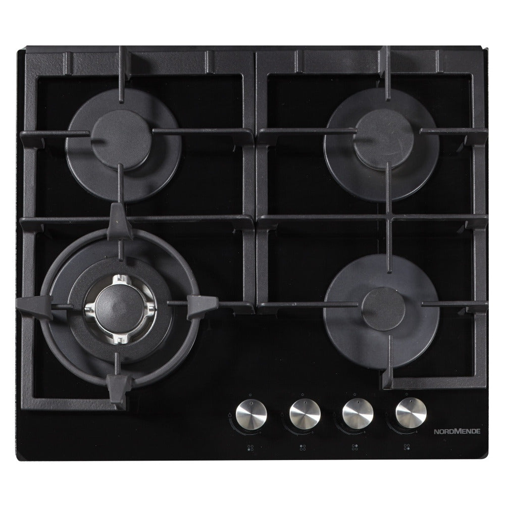 NordMende 60cm 4 x Burner Gas Hob Cast Iron Pan Supports Black Glass