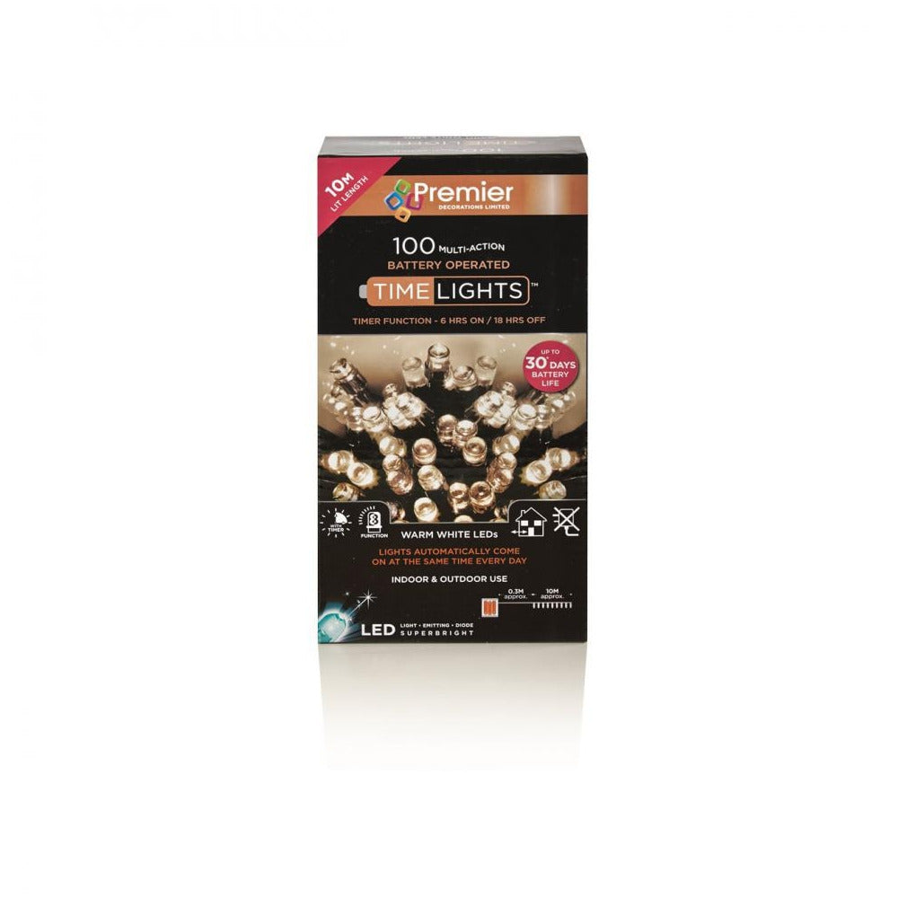 Premier Decorations - 100 LED Multi-Action Battery-Operated Timelights - Warm White