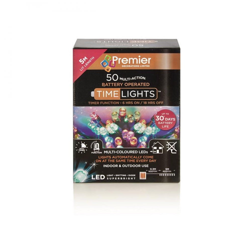 Premier Decorations - 50 LED Multi-Action Battery-Operated Timelights - Multi Coloured