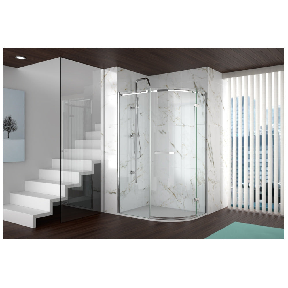 8 Series Frameless Offset Quadrant 1 Door 900*760 Chrome Clear Fixed Panels