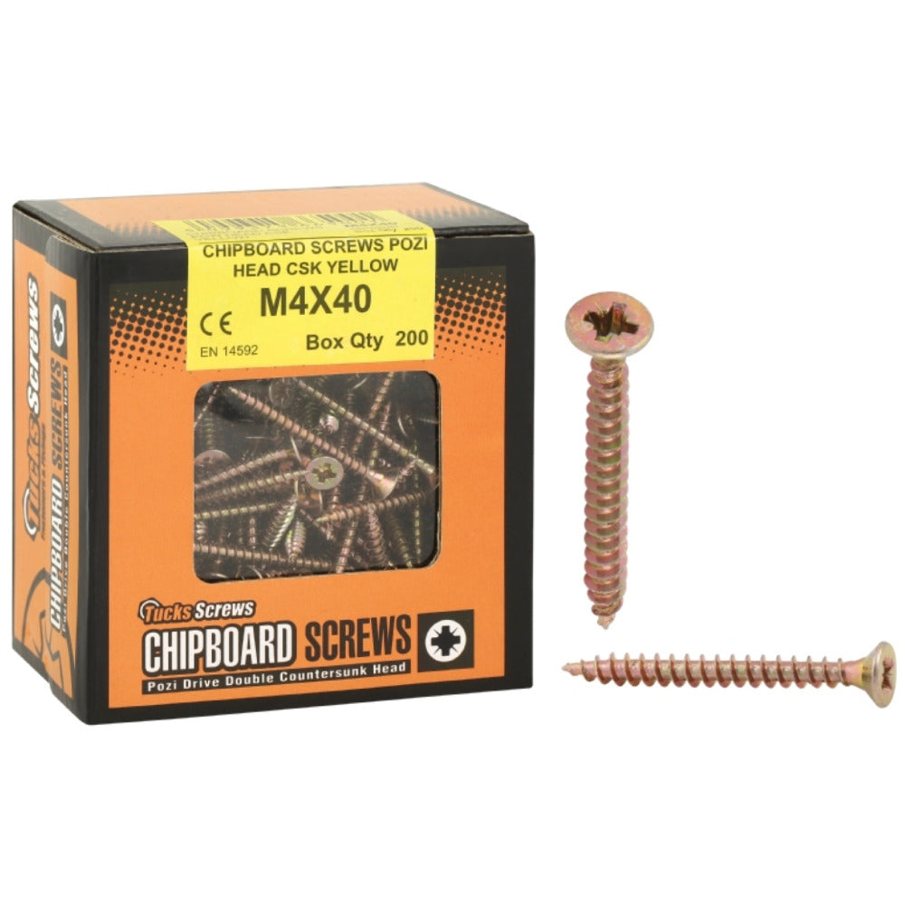 Tucks - Yellow Pozi Chipboard Screws Full Thread 200pce M4x45mm (Carton Qty: 32 boxes)