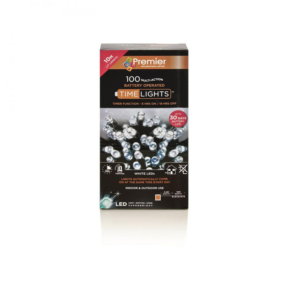 Premier Decorations - 100 LED Multi-Action Battery-Operated Timelights - White