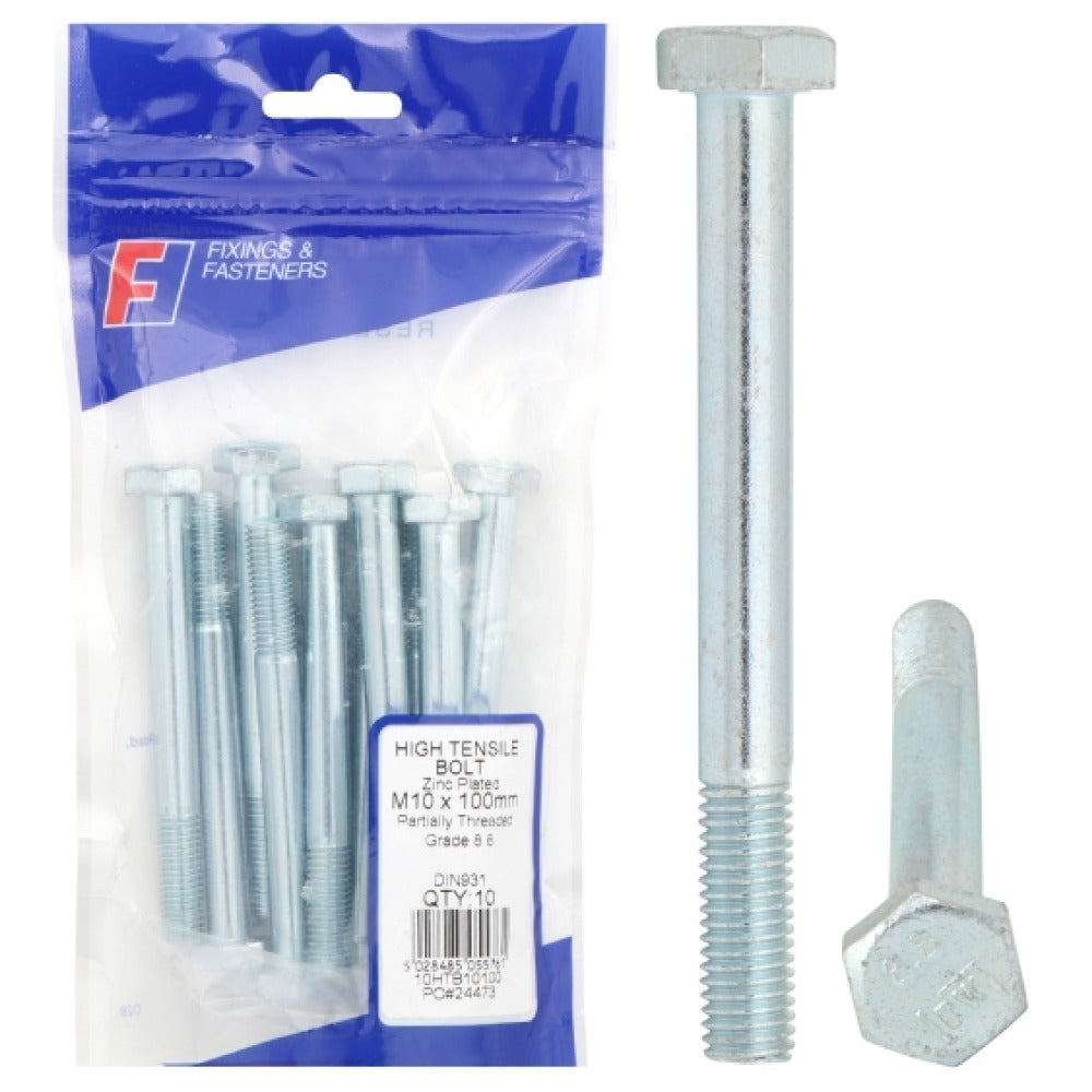 ForgeFix Prepack High Tensile Bolt Bright Zinc Plated M8x100mm (Bag10)