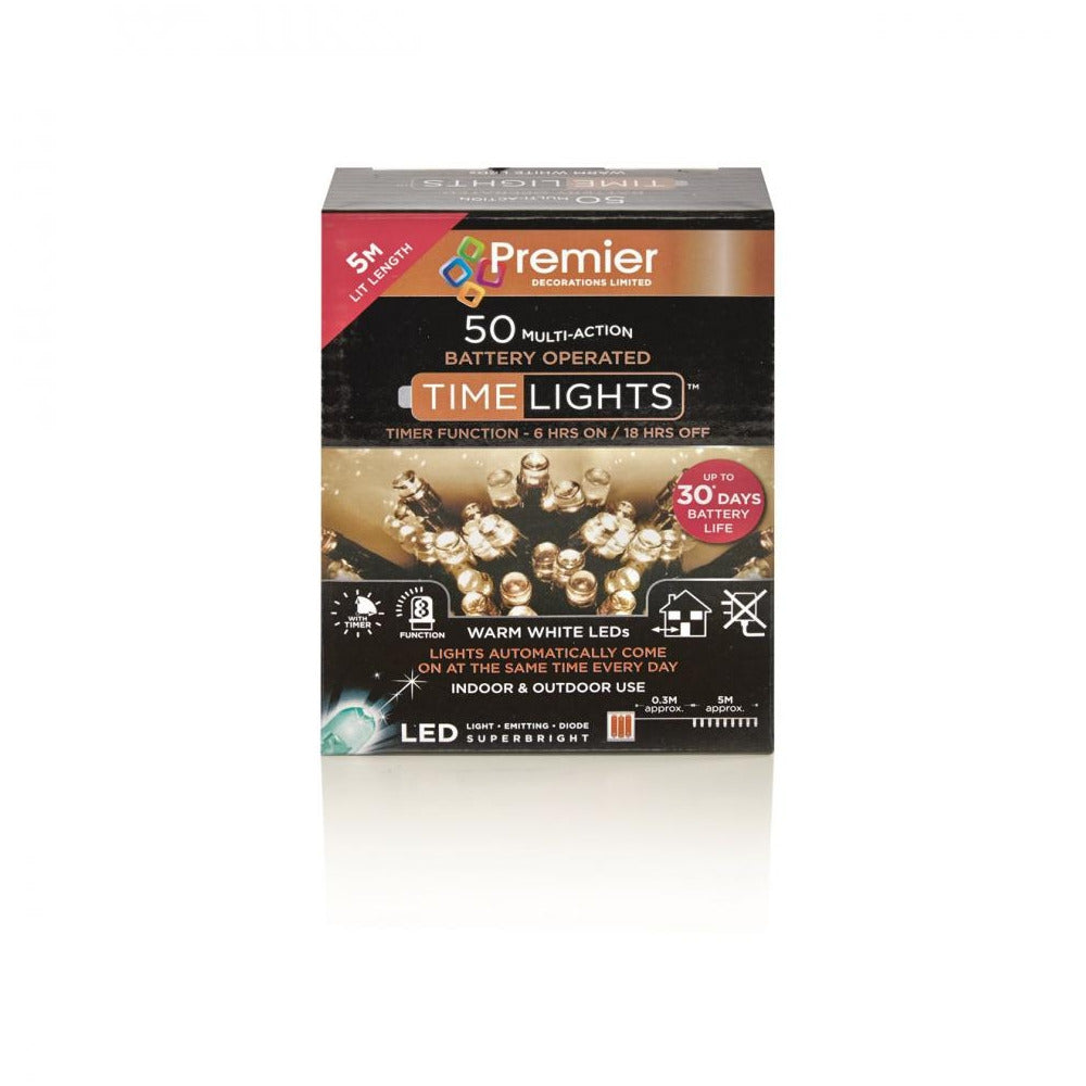 Premier Decorations - 50 LED Multi-Action Battery-Operated Timelights - Warm White