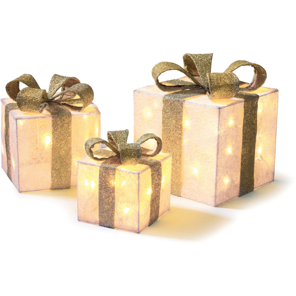 LED Set of 3 Lit Parcels - Cream and Gold