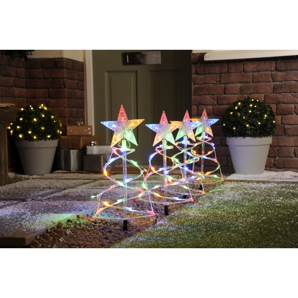 Festive LED Set of 4 Spiral Tree Pathfinder Stake Lights - Multi-Coloured