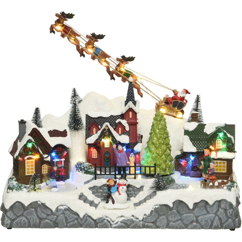 LED Musical Winter Village Scene & Flying Sleigh - 27.5cm