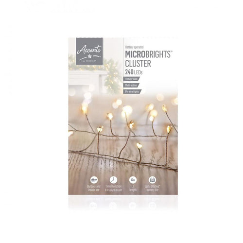 Premier Decorations - 240 LED B/O Multi Action Microbrights Cluster with Timer - Vintage Gold