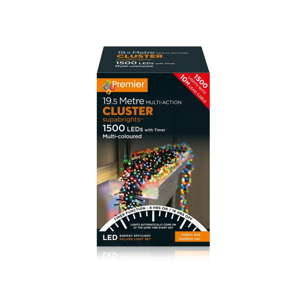 Premier Decorations - 1500 LED M/Action Cluster Supabrights with Timer - Multi Coloured