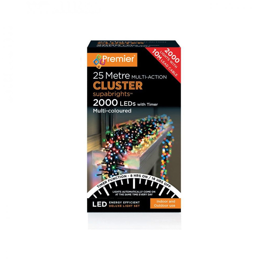 Premier Decorations - 2000 LED M/Action Cluster Supabrights with Timer - Multi Coloured