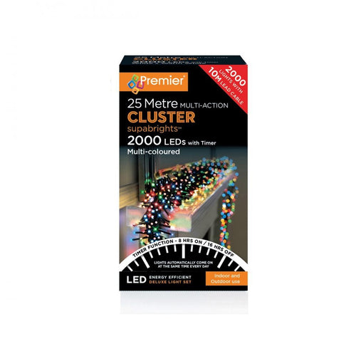 Premier Decorations - 2000 LED M/Action Cluster Supabrights with Timer - Multi Coloured