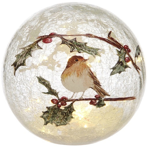 Festive LED Lit Crackle Effect Robin Ball - 20cm