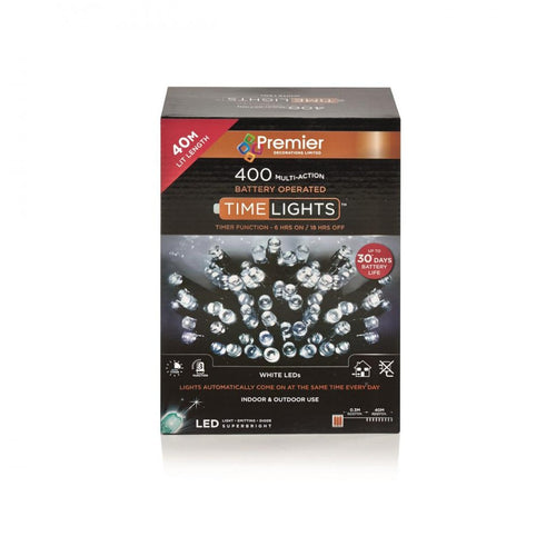 Premier Decorations - 400 LED Multi-Action Battery-Operated Timelights - White
