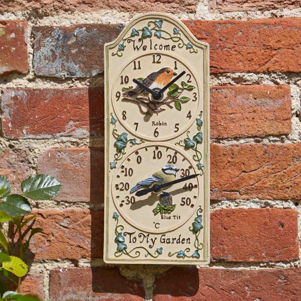 Outside In - Birdberry Wall Clock & Thermometer