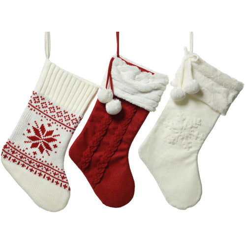 Christmas Stockings with Pom Poms - 3 Assorted