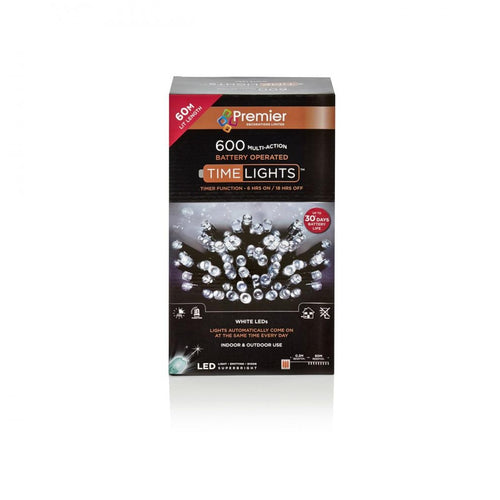 Premier Decorations - 600 LED Multi-Action Battery-Operated Timelights - White