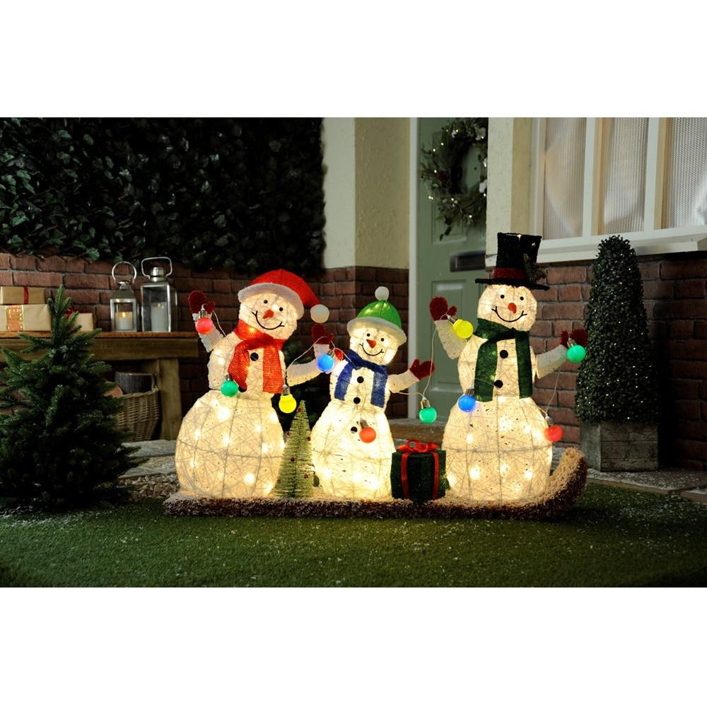 Festive - LED Lit Snowman Family on sledge - 130cm - Multi-Coloured