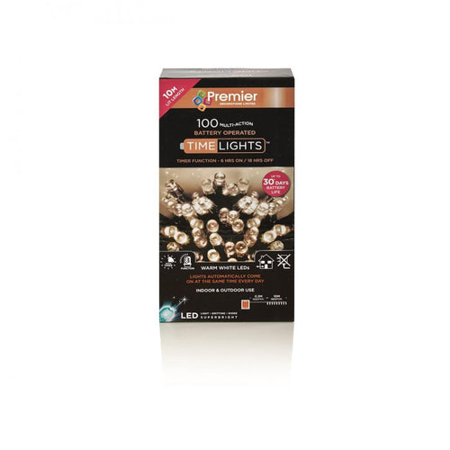 Premier Decorations - 100 LED Multi-Action Battery-Operated Timelights - Warm White