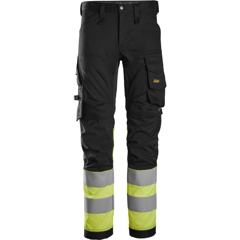 Snickers - High-Vis Class 1, Stretch Trousers - Black\\High Vis Yellow