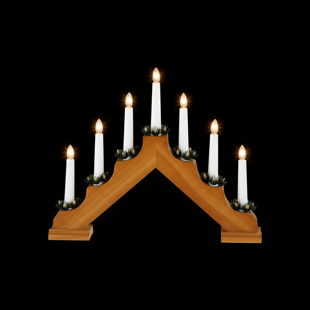Mains Operated Traditional 7 Light Wooden Candlebridge - Natural