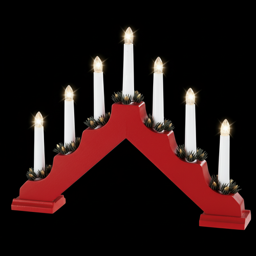 Mains Operated Traditional 7 Light Wooden Candlebridge - Red