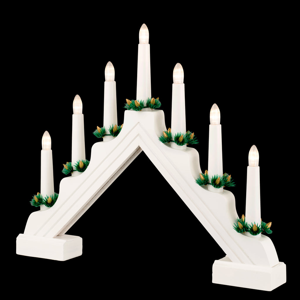 Battery Operated Traditional 7 Light Wooden Candlebridge - White