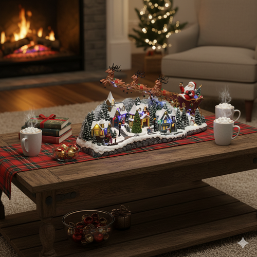 LED Lit Animated Musical Christmas Village Scene with Santa and Reindeer - 47cm