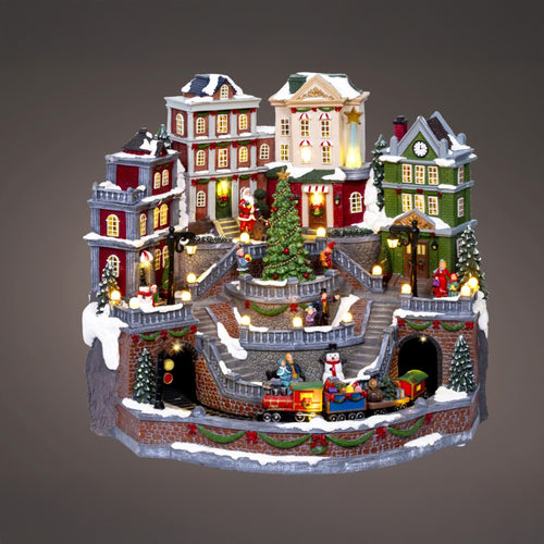 LED Musical Christmas Village Scene with moving pieces - Santa, Snowmen and Train