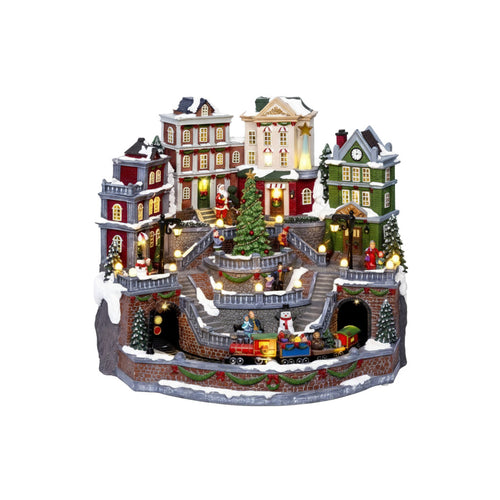 LED Musical Christmas Village Scene with moving pieces - Santa, Snowmen and Train
