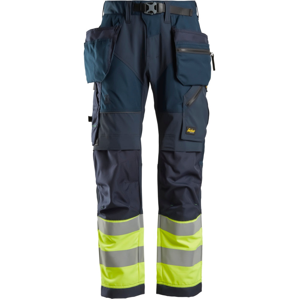 Snickers - FlexiWork, High-Vis Work Trousers+ Holster Pockets Class 1 - Navy/High Visibilty Yellow