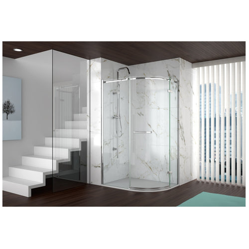 8 Series Frameless Offset Quadrant 1 Door 900*760 Chrome Clear Fixed Panels