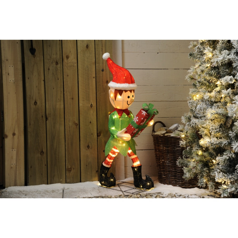 Festive LED Lit Elf With Giftbox - 107cm