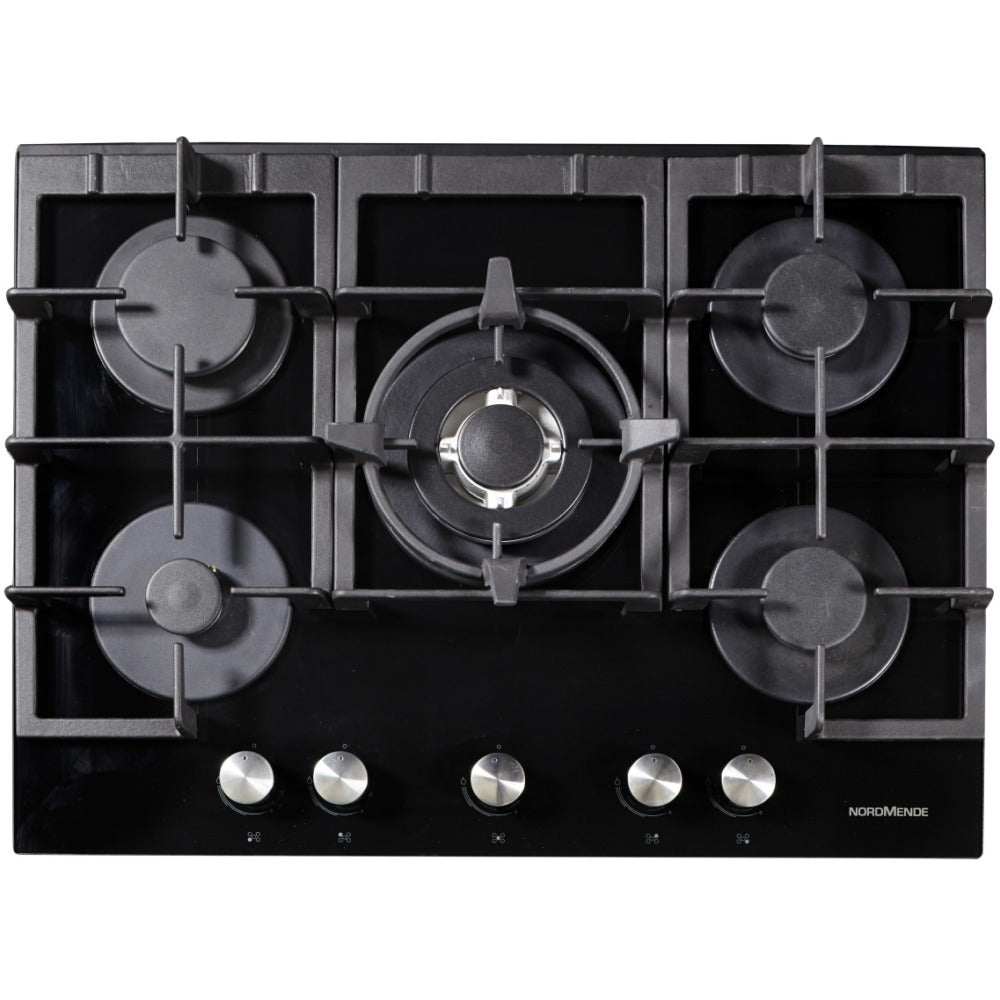 NordMende 70cm 5 x Burner Gas Hob 1 x Wok Burner Cast Iron Pan Supports Black Glass