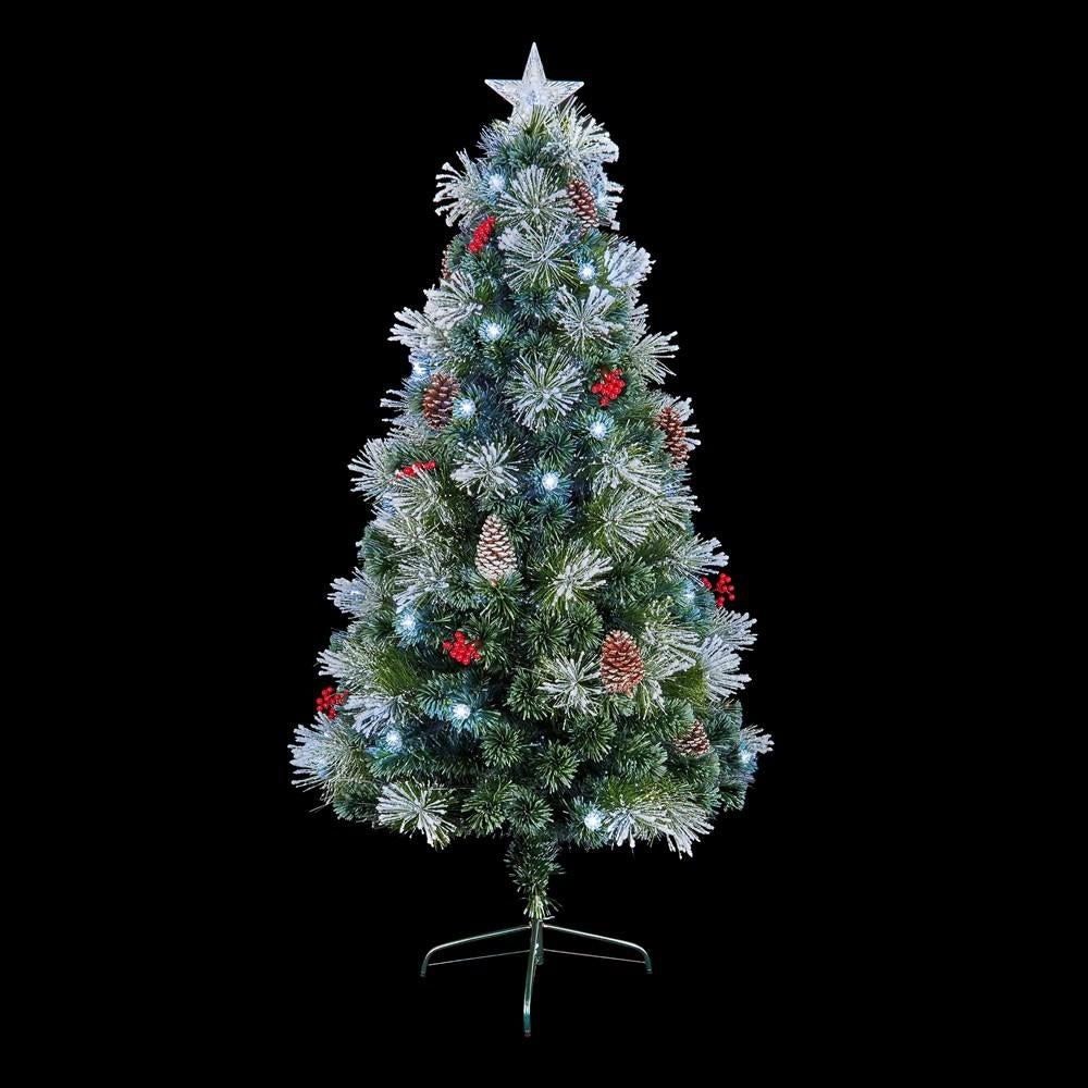 Premier Decorations - LED Fibre Optic Snow Tree with Berries and Pine Cones - 6ft