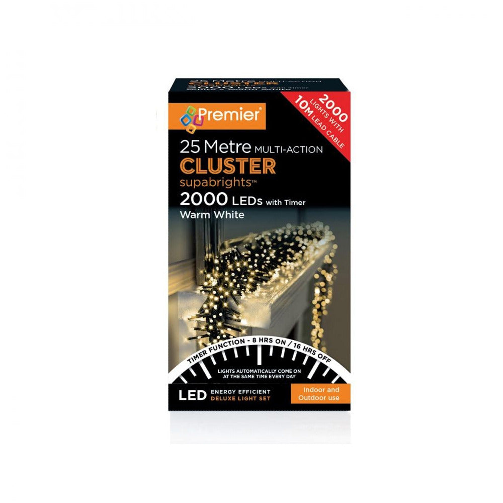 Premier Decorations - 2000 LED Multi-Action CLUSTER Supabrights with Timer - Warm White