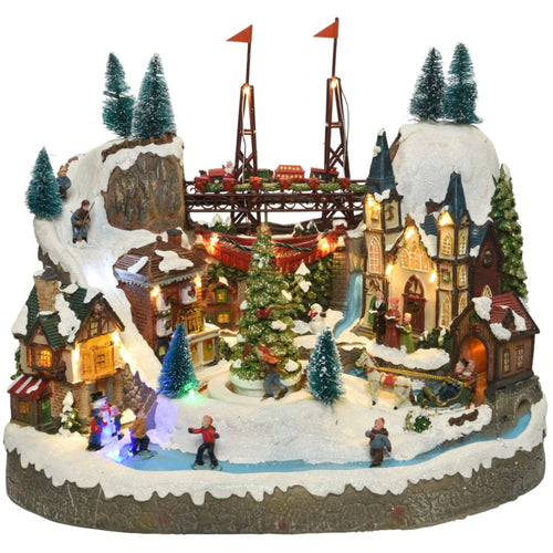 LED Christmas Village Scene with Moving Tree and Train