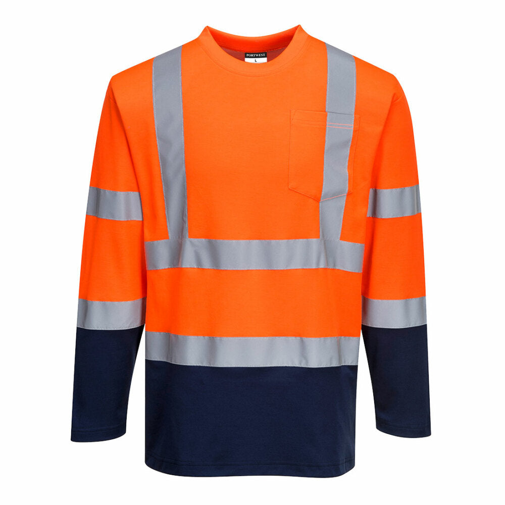 Portwest  - Two-Tone Long Sleeved Cotton Comfort T-Shirt - Orange/Navy