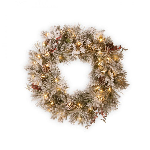 National Tree Company - Snowy Bedford Pine Pre-Lit Wreath - 60cm