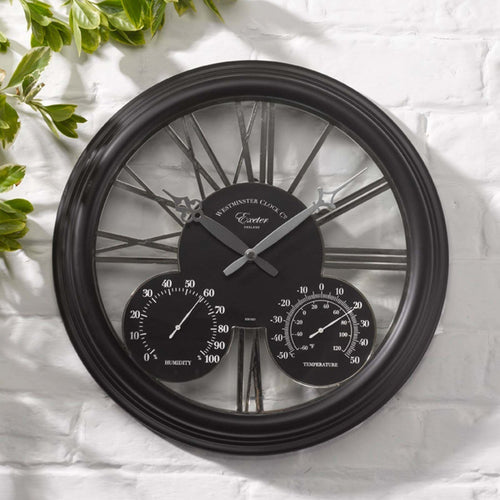 Outside In - Exeter Wall Clock & Thermometer 15in - Black