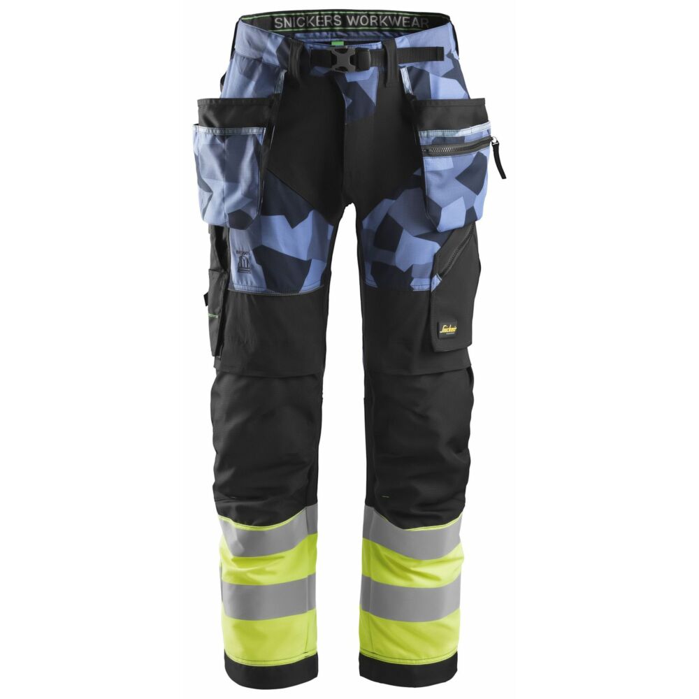 Snickers - FlexiWork, High-Vis Work Trousers+ Holster Pockets Class 1 -  Navy Camo  - High Visibility Yellow