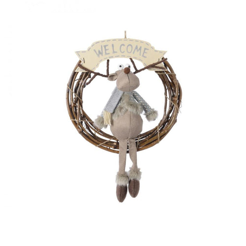 Decoris - Rattan Wreath with Plush Reindeer