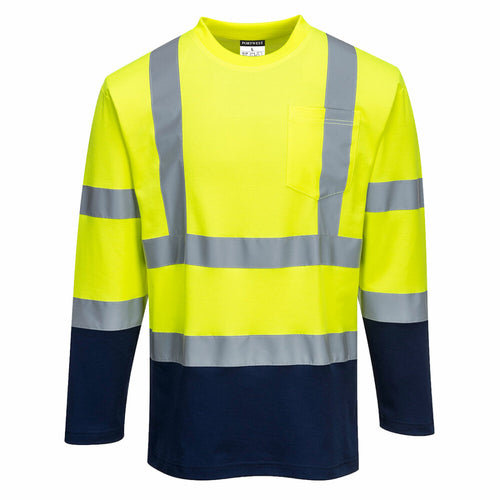 Portwest  - Two-Tone Long Sleeved Cotton Comfort T-Shirt - Yellow/Navy