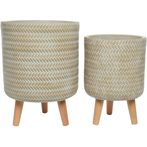 Alex Fibre Clay Set of 2 Planters with Wood Legs - Soft Beige