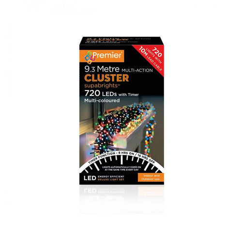 Premier Decorations - 720 LED Multi-Action Cluster Supabrights with Timer - Multi-Coloured