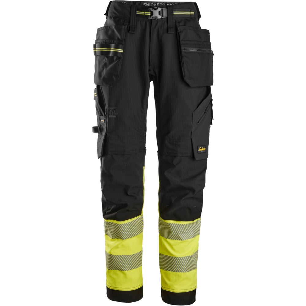 Snickers - High-Vis Class 1, Stretch Work Trousers Holster Pockets - Black\\High Vis Yellow