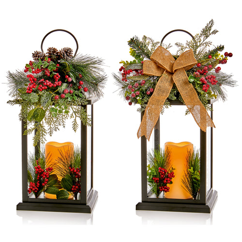 Lit Floral Lantern with LED Candle & Ribbon - 2Assorted - 64cm