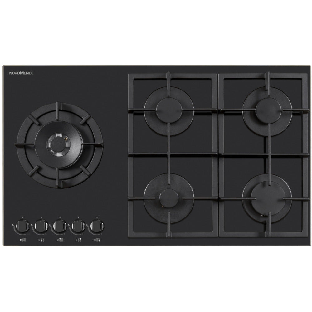 NordMende 90cm 5 x Burner Gas Hob 1 x Side Wok Burner Cast Iron Pan Supports Black Glass