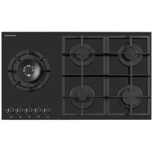 NordMende 90cm 5 x Burner Gas Hob 1 x Side Wok Burner Cast Iron Pan Supports Black Glass