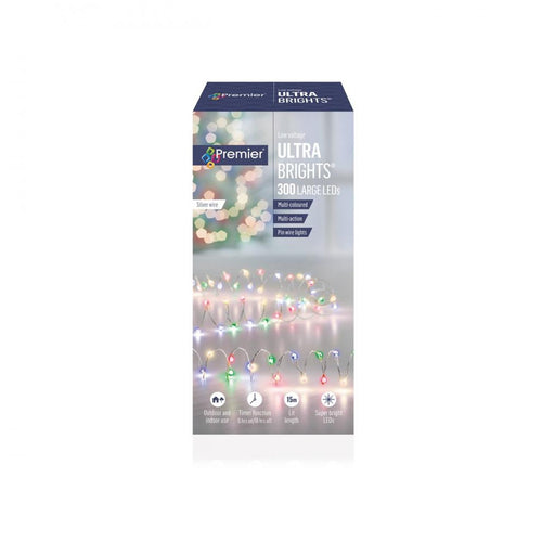 Premier Decorations - 300 LED Multi Action Low Voltage Large Microbrights with Timer - Multi-Coloured